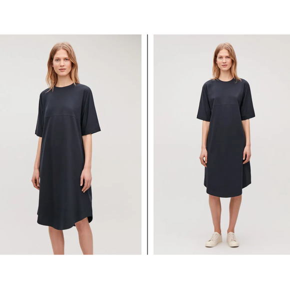 COS Woven-Panelled A-Line Jersey Dress Midi Deep Blue sz XS‎ - Picture 1 of 7